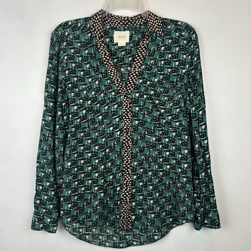 Maeve by Anthropologie Top Size 4 Small Green Button-Up Blouse Boho Career